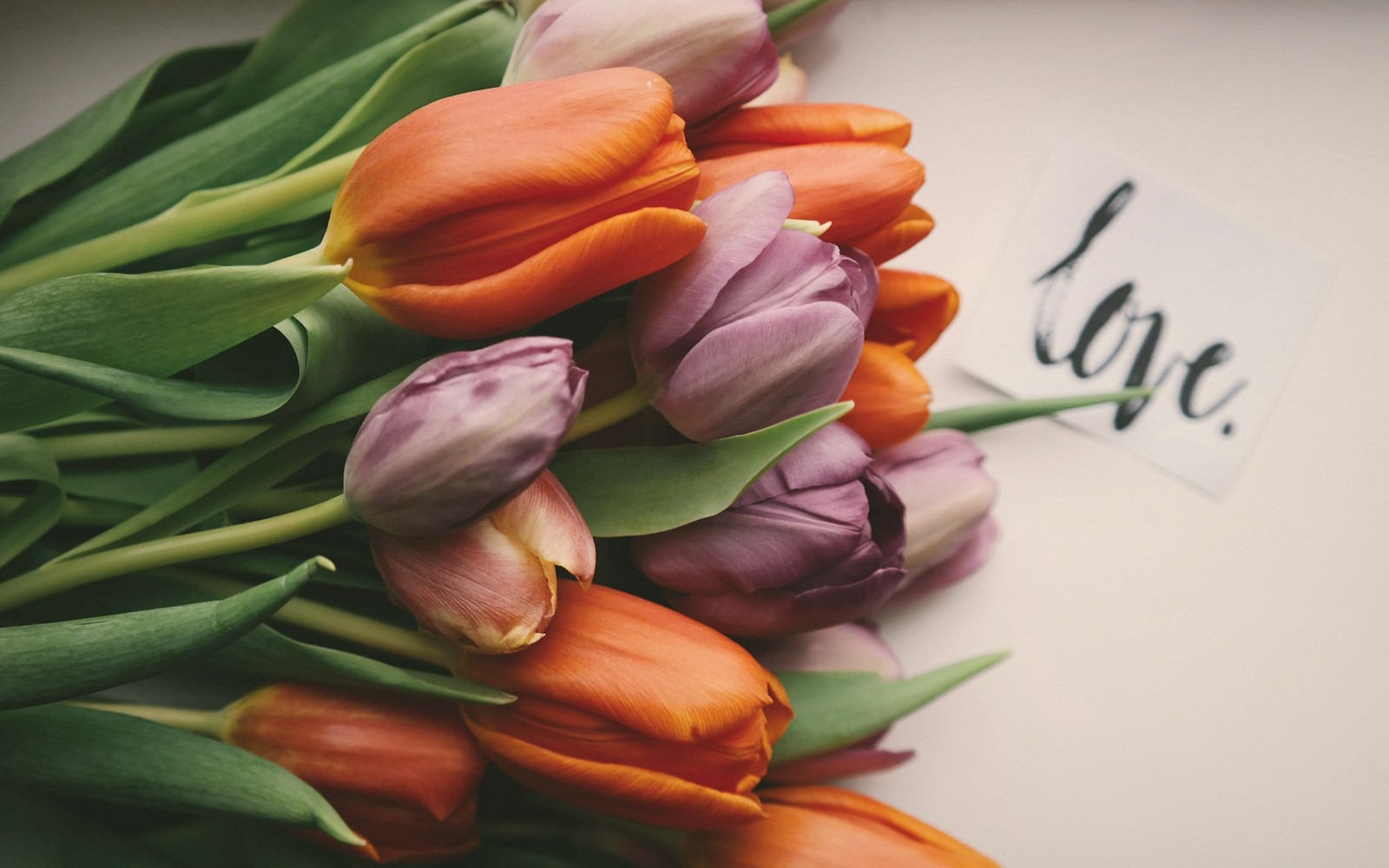 Orange and purple tulips lying beside a handwritten note reading "love"